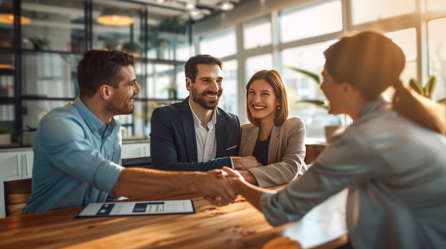 Young couple shaking hands with an advisor across a desk while completing a lift lending application