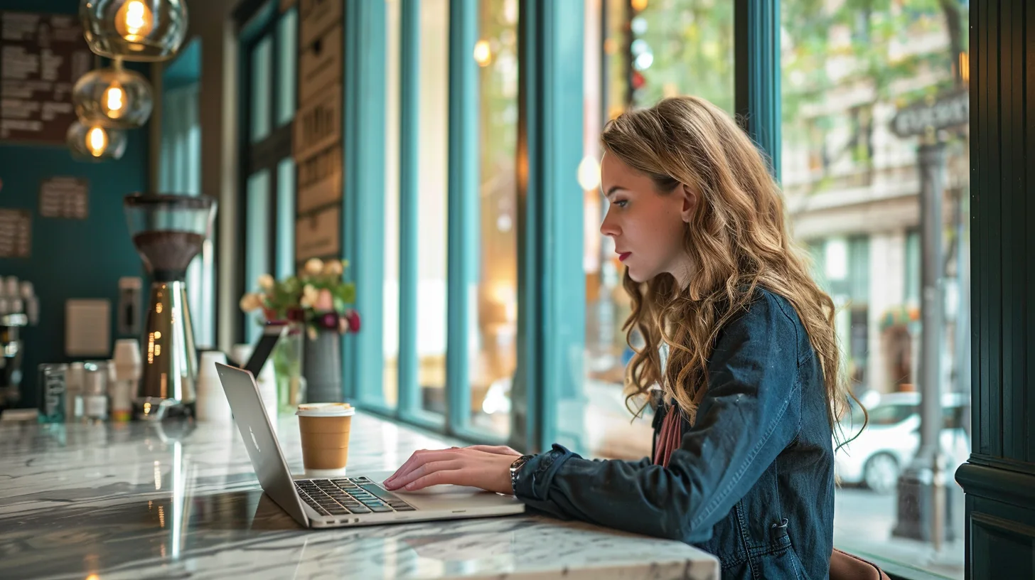 Financial journalist typing on a laptop at a marble desk writing lift lending blog guides