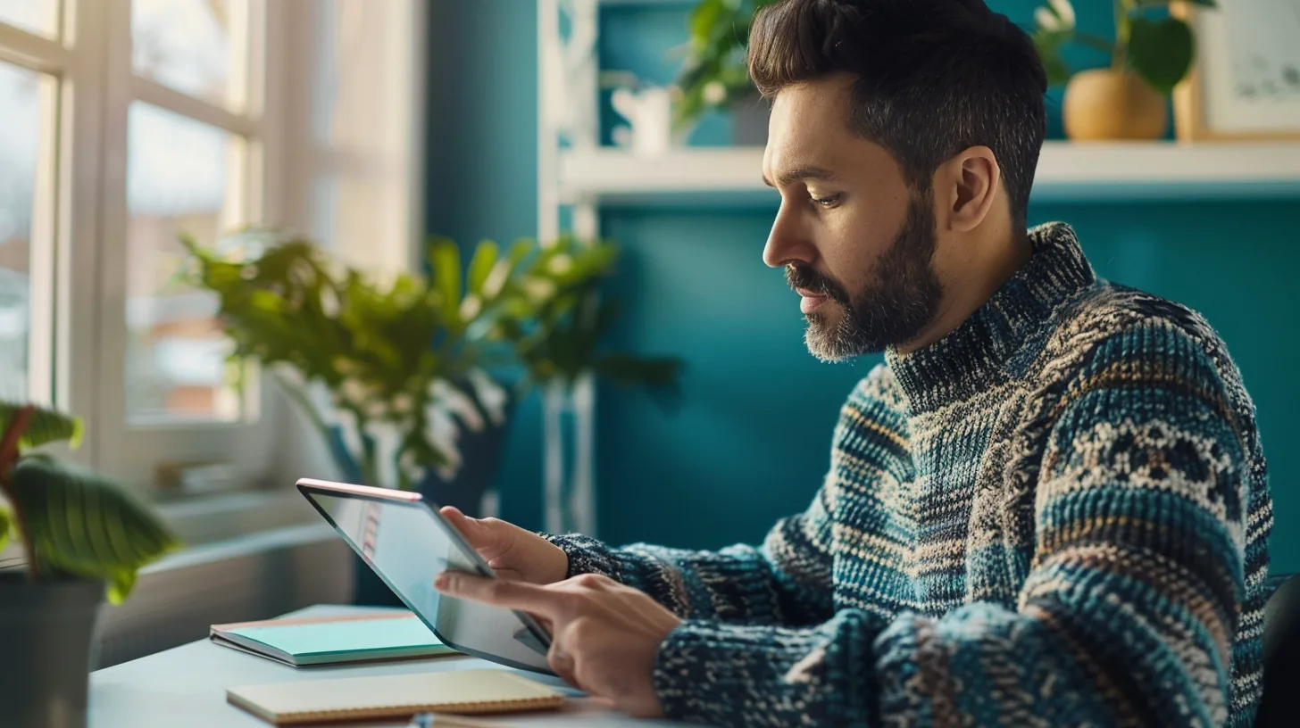 Man in a knit sweater at a minimalist desk using the lift lending loan payment calculator