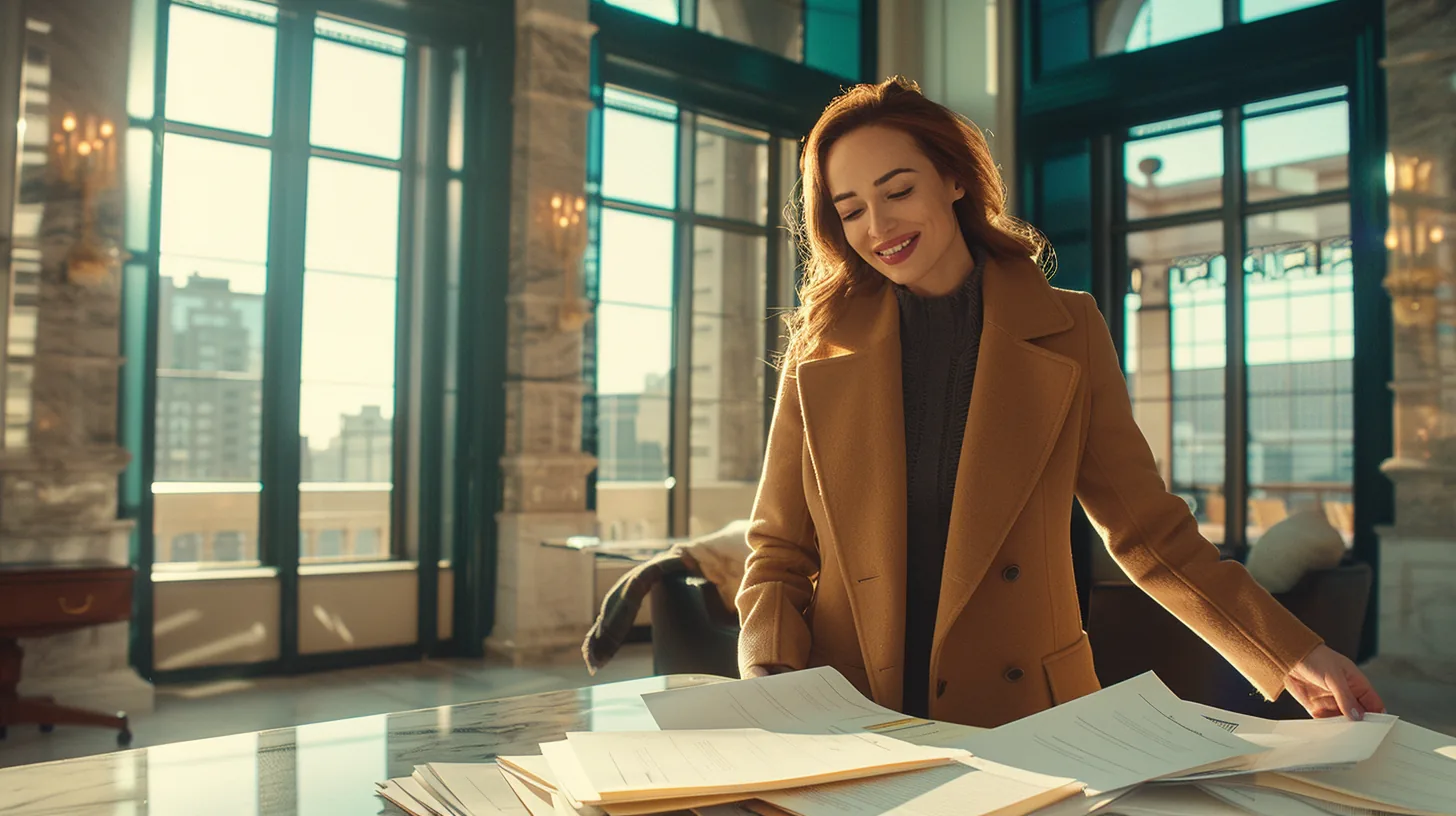 Woman in an elegant camel coat gathering scattered papers into one folder, lift lending debt consolidation