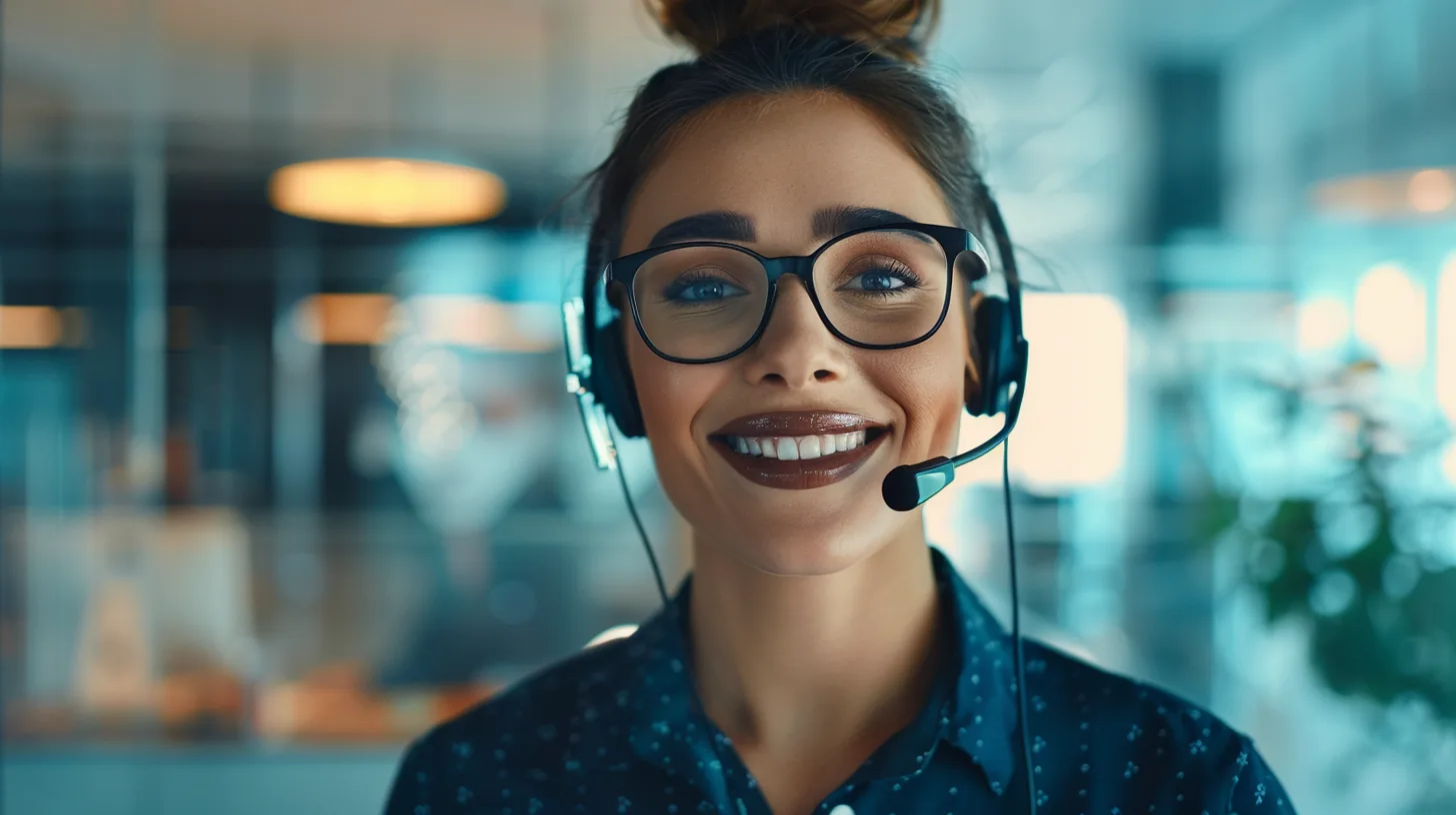 Friendly customer advisor with a headset in a bright office answering lift lending questions
