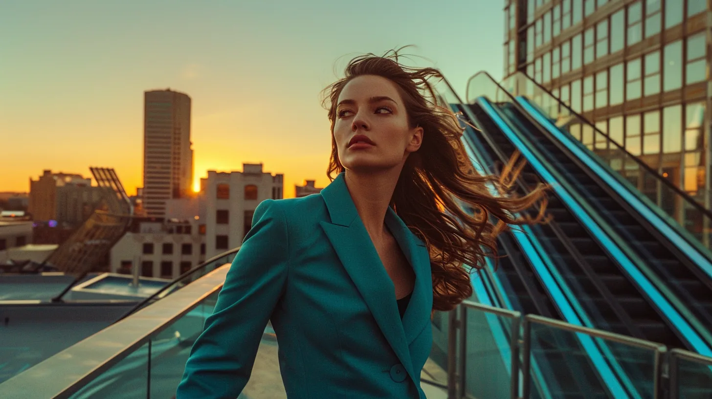 Confident woman in a teal blazer at a bright modern lobby representing lift lending personal loans