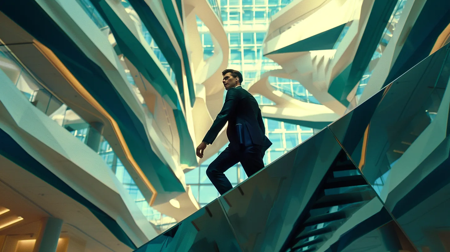 Stylish man stepping upward on a dramatic staircase representing lift lending personal loan progress