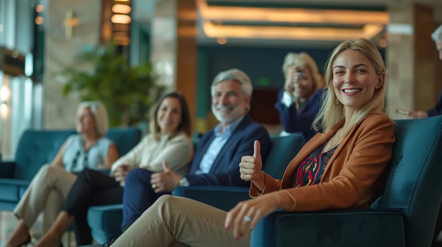 Smiling customers of different ages seated in a bright waiting area sharing lift lending reviews