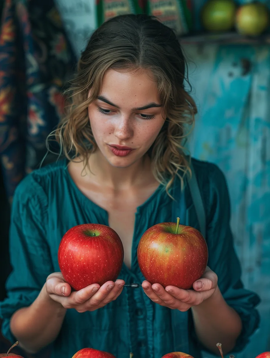 Woman comparing two apples at a farmers market, weighing lift lending against alternative lenders