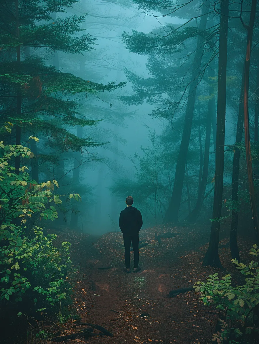 Hiker at a fork of two forest trails in morning fog, choosing between lift lendings and other paths