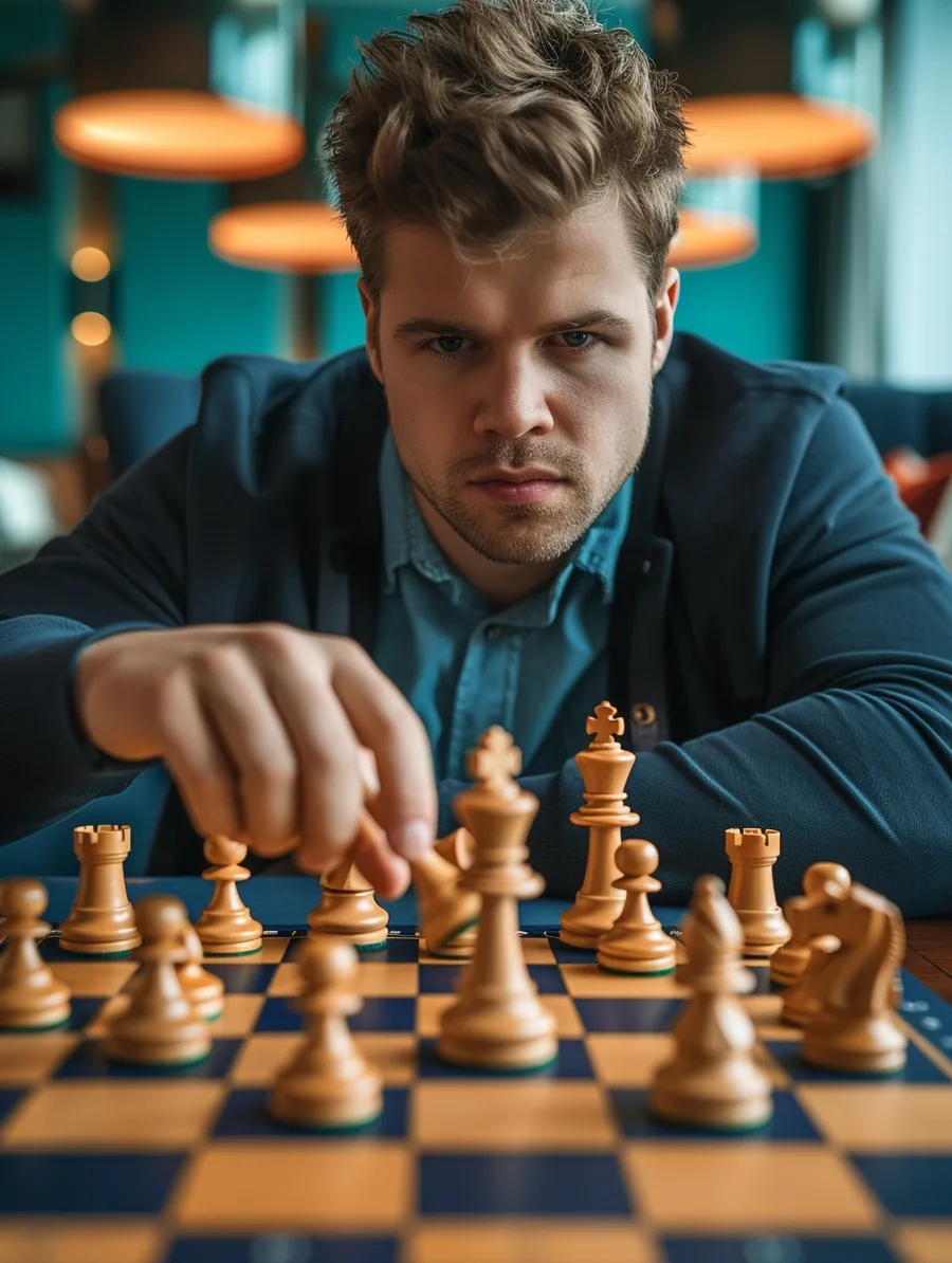 Chess player considering a move in a stylish lounge, strategic comparison of loan options with lift lending