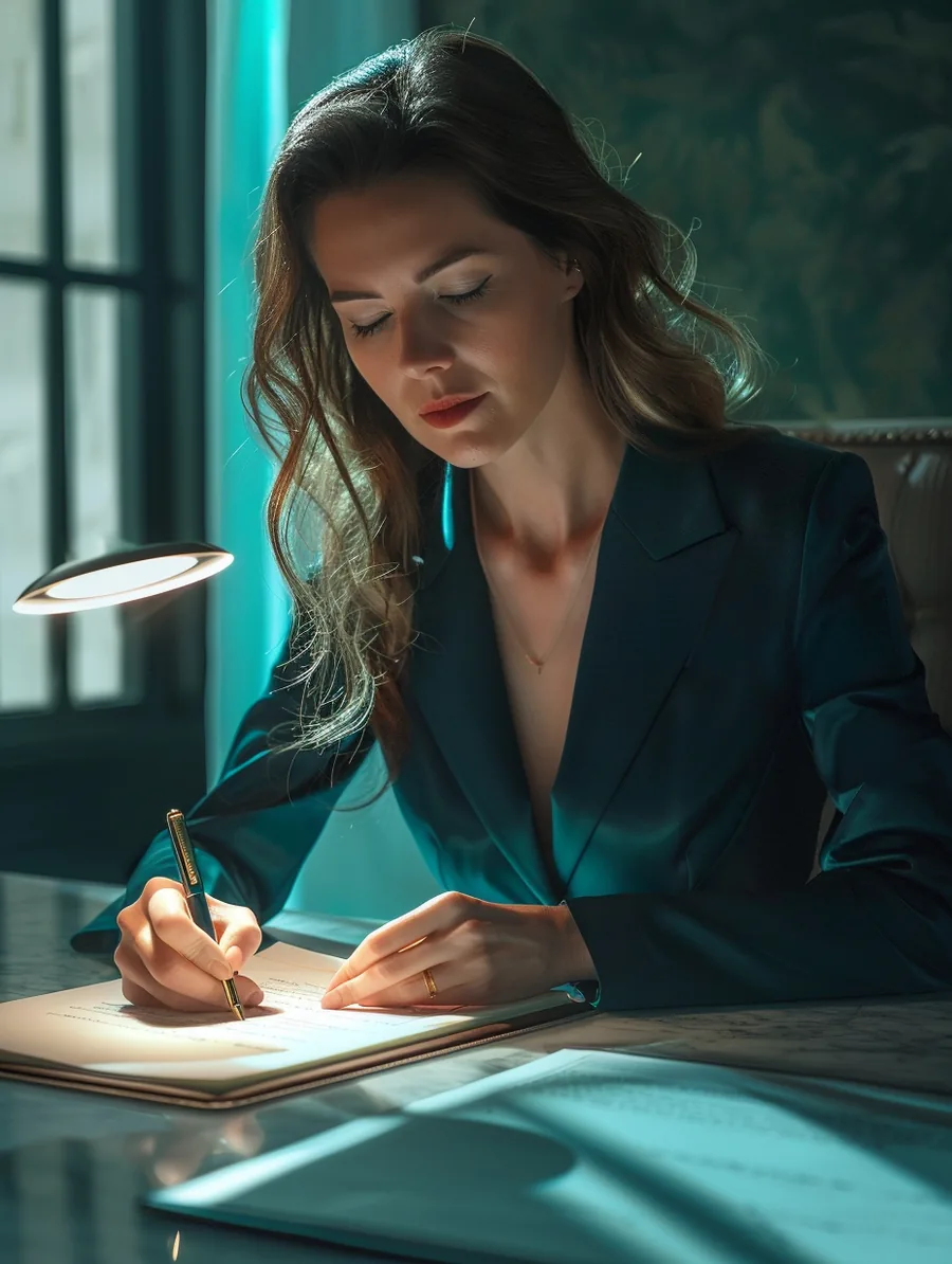 Woman signing loan documents with a fountain pen at a bright desk after reading her lift lending disclosure
