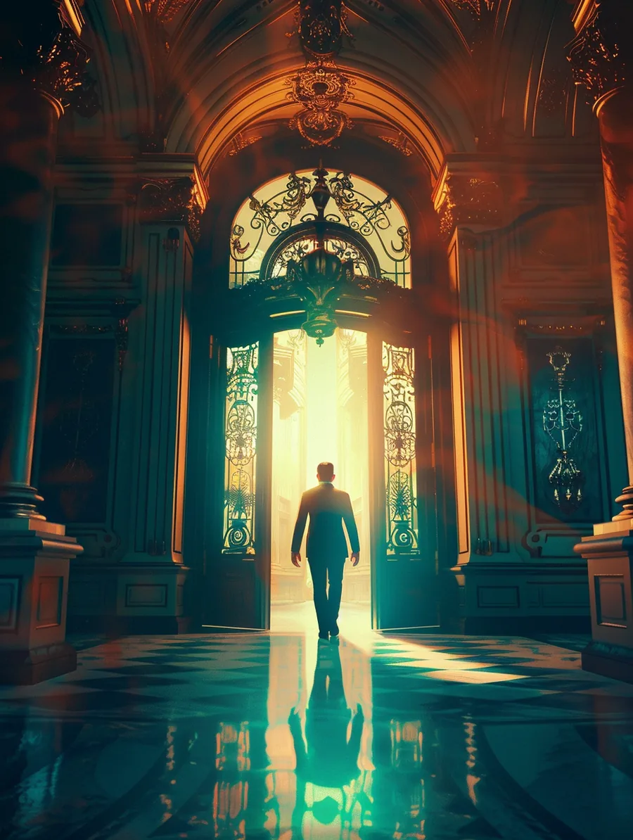 Man stepping through a grand doorway into bright light, moving forward after a lift lendings approval