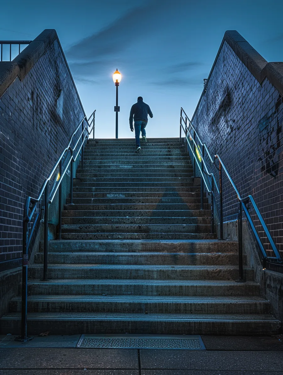 Man running stadium stairs alone at dawn, the training montage of rebuilding credit with lift lending