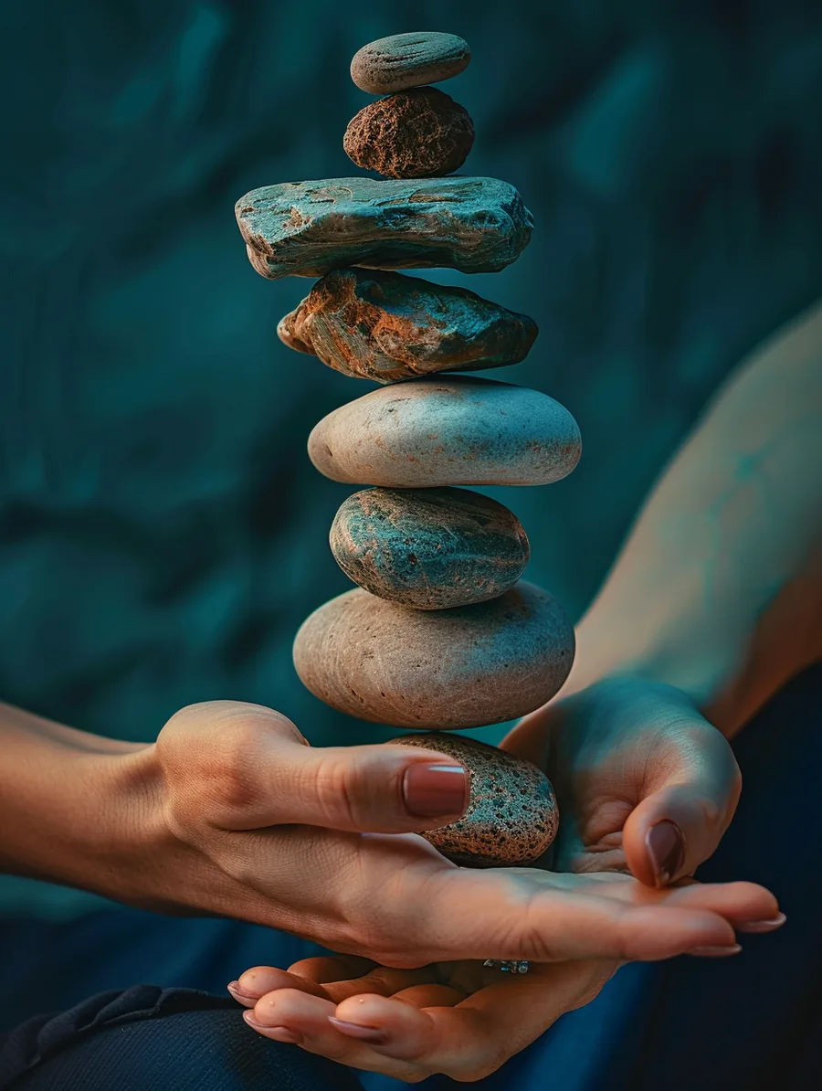 Hands stacking smooth river stones into a balanced tower, balancing amount, term, and rate with lift lendings