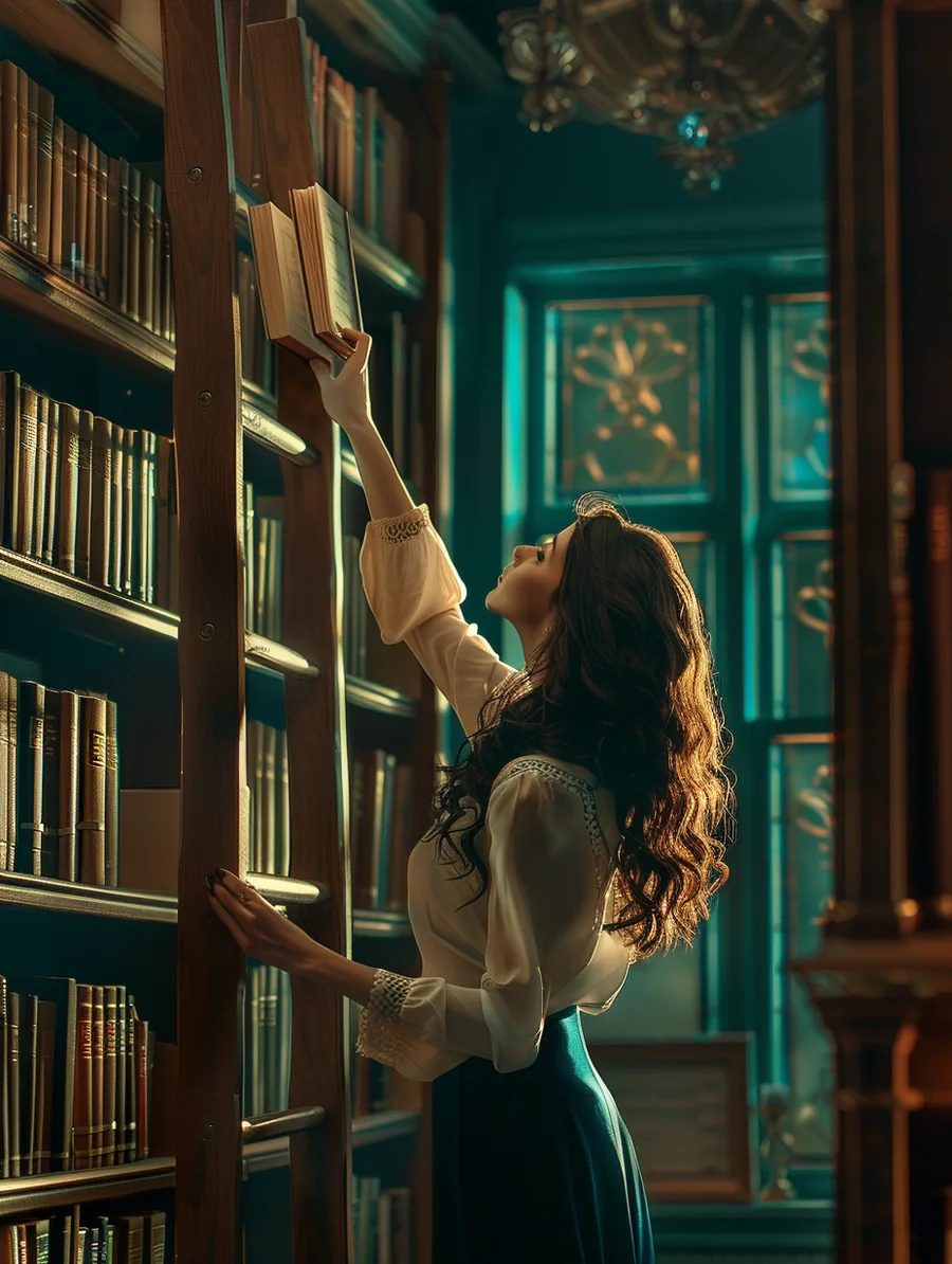 Librarian on a tall wooden ladder reaching for a book, finding the exact lift lending answer you need