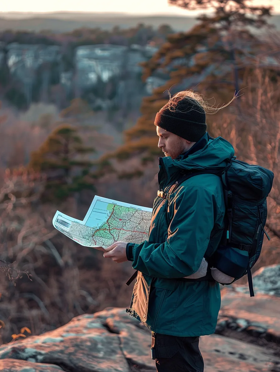 Hiker reading a trail map at a scenic overlook, planning a borrowing route with lift lendings