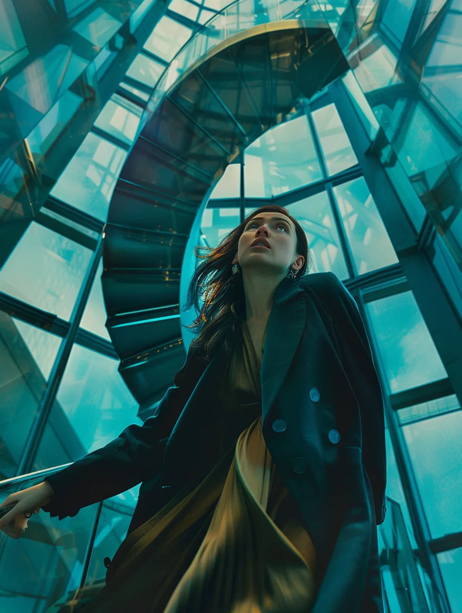 Woman ascending a bright spiral staircase, representing the step-by-step lift lending process