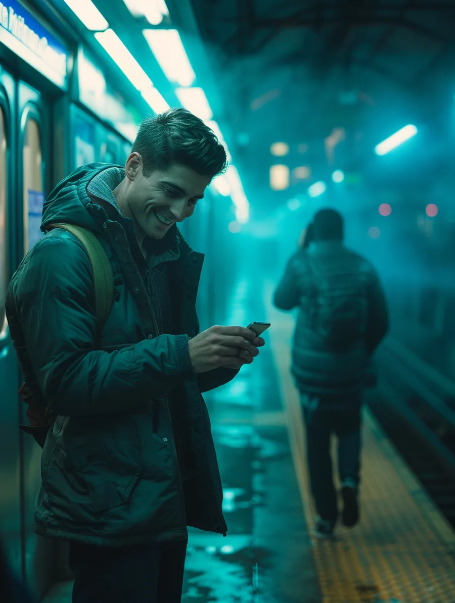 Relieved man on a subway platform reading a lift lending approval message on his phone