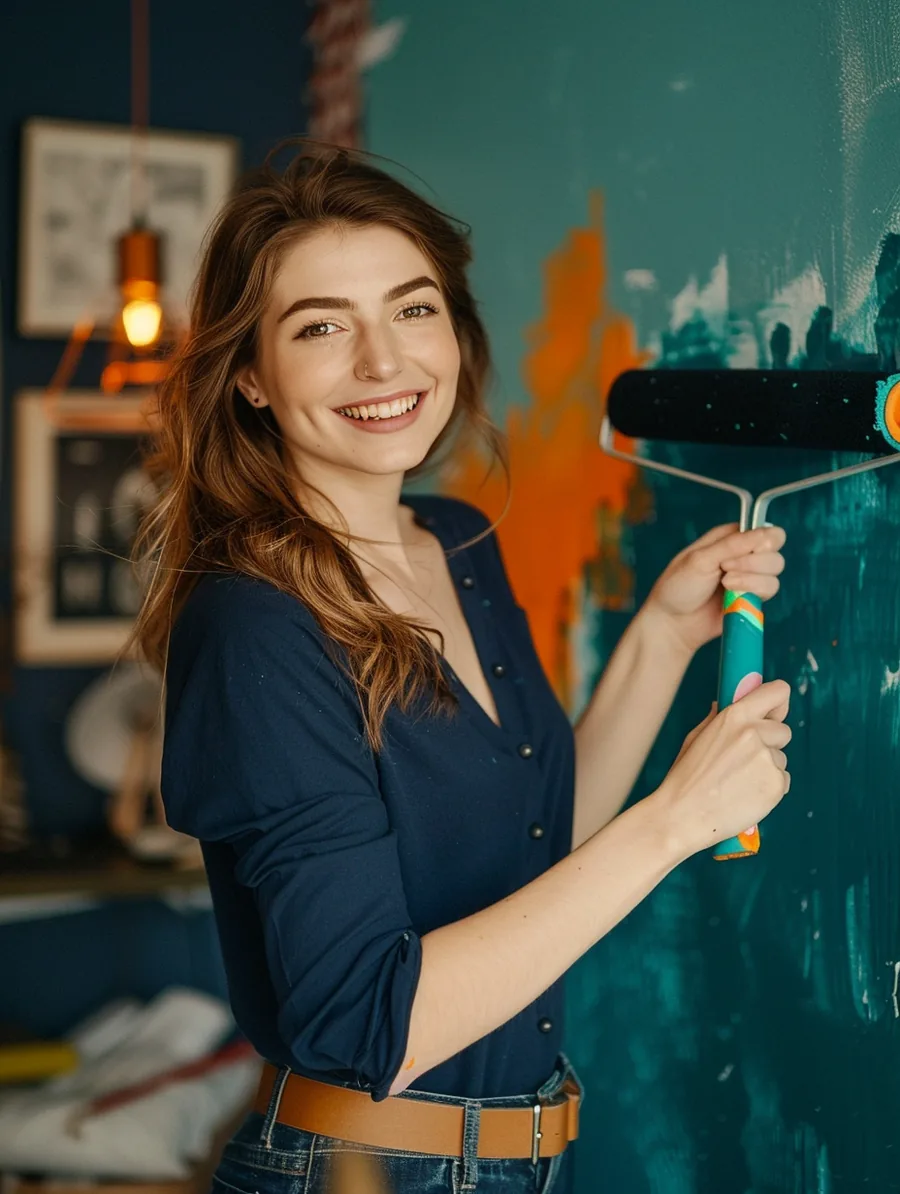 Woman painting the wall of her first apartment, a project funded through a lift lending personal loan