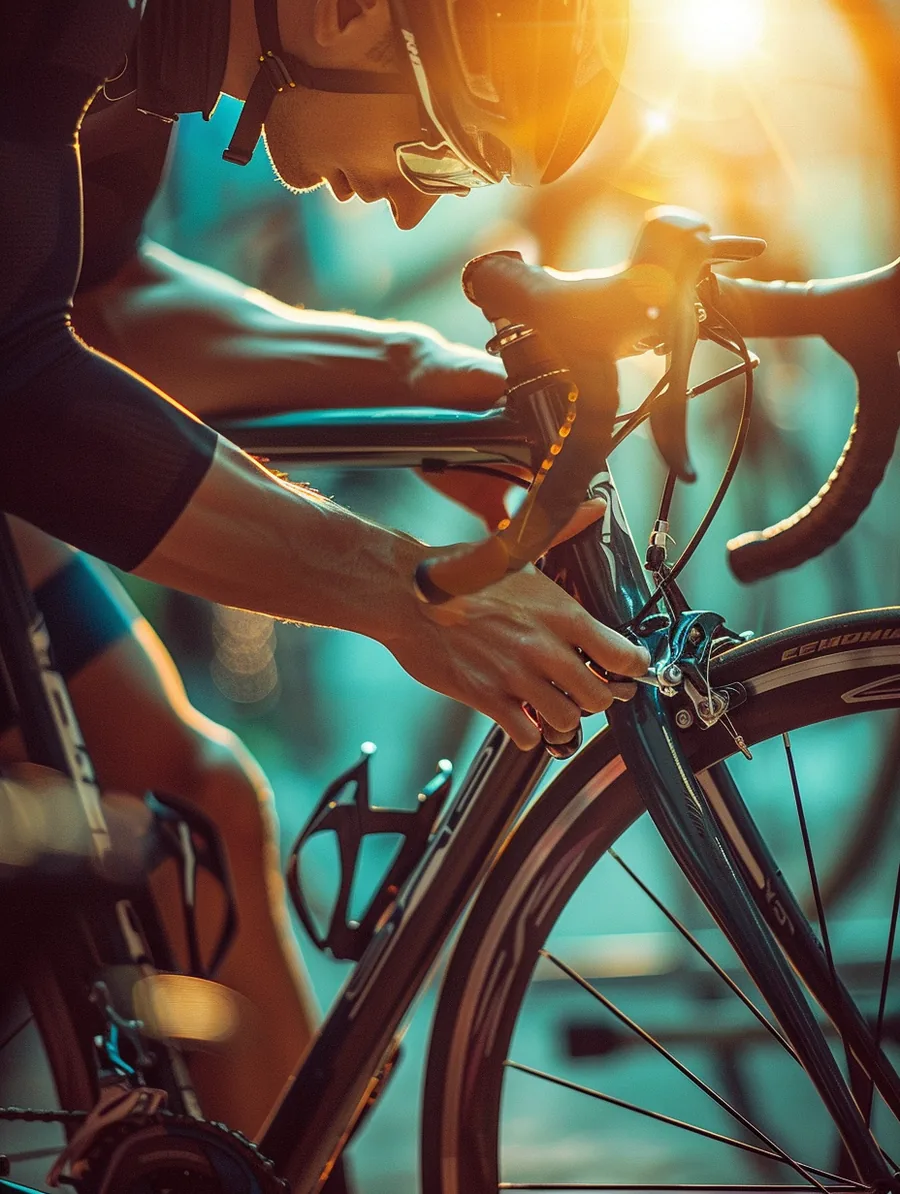 Cyclist tuning a road bike in a sunlit workshop, maintenance as a metaphor for managing a lift lending loan