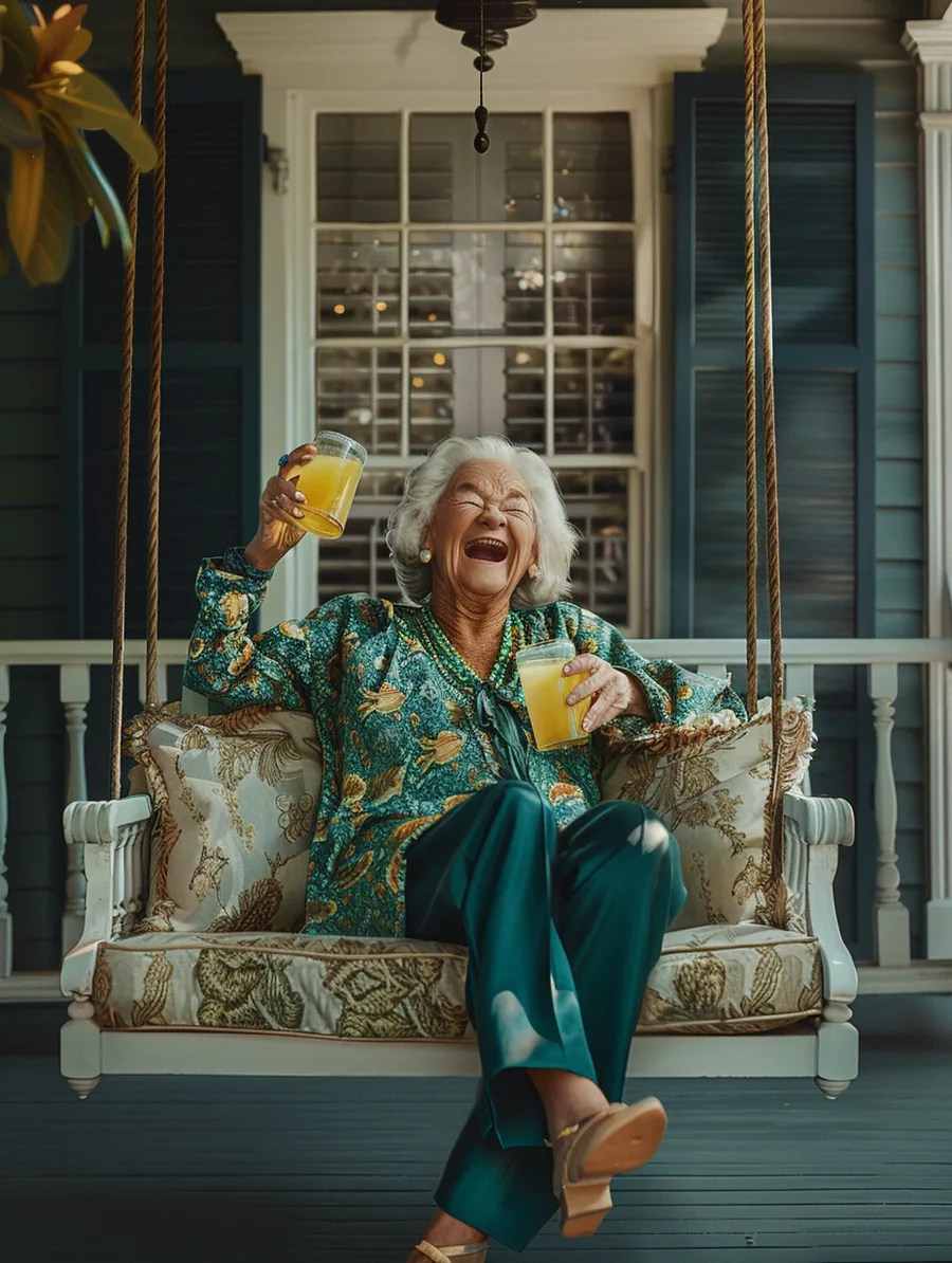 Grandmother laughing on a porch swing with lemonade, one of the lift lending customer stories