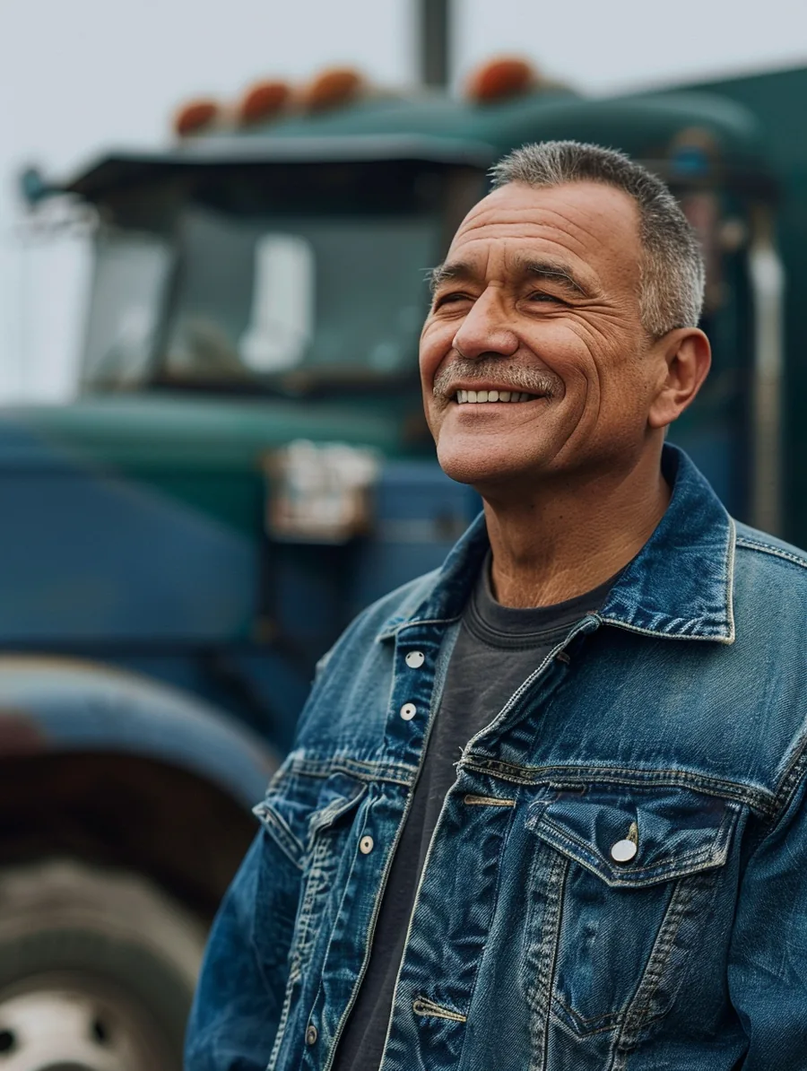 Veteran in a denim jacket standing proudly by his repaired truck after a lift lendings loan